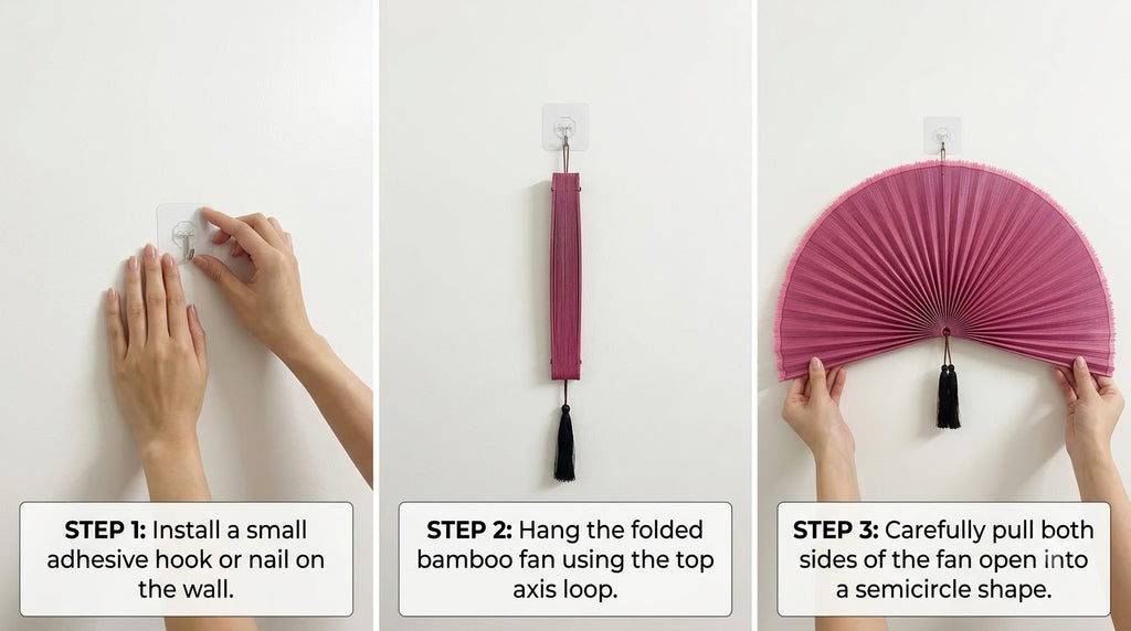 Large Bamboo Wall Fan – Dusty Rose Headboard Decor, Boho Japandi