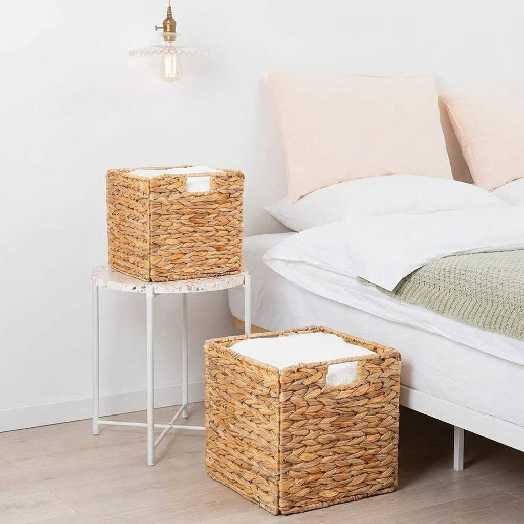 Water Hyacinth Storage Basket | Handwoven Wicker Organizer for Shelves, Laundry & Closet Storage