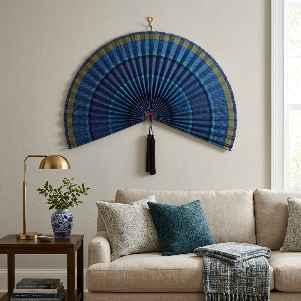 Ocean Blue Bamboo Wall Fan - Large Boho Wall Art