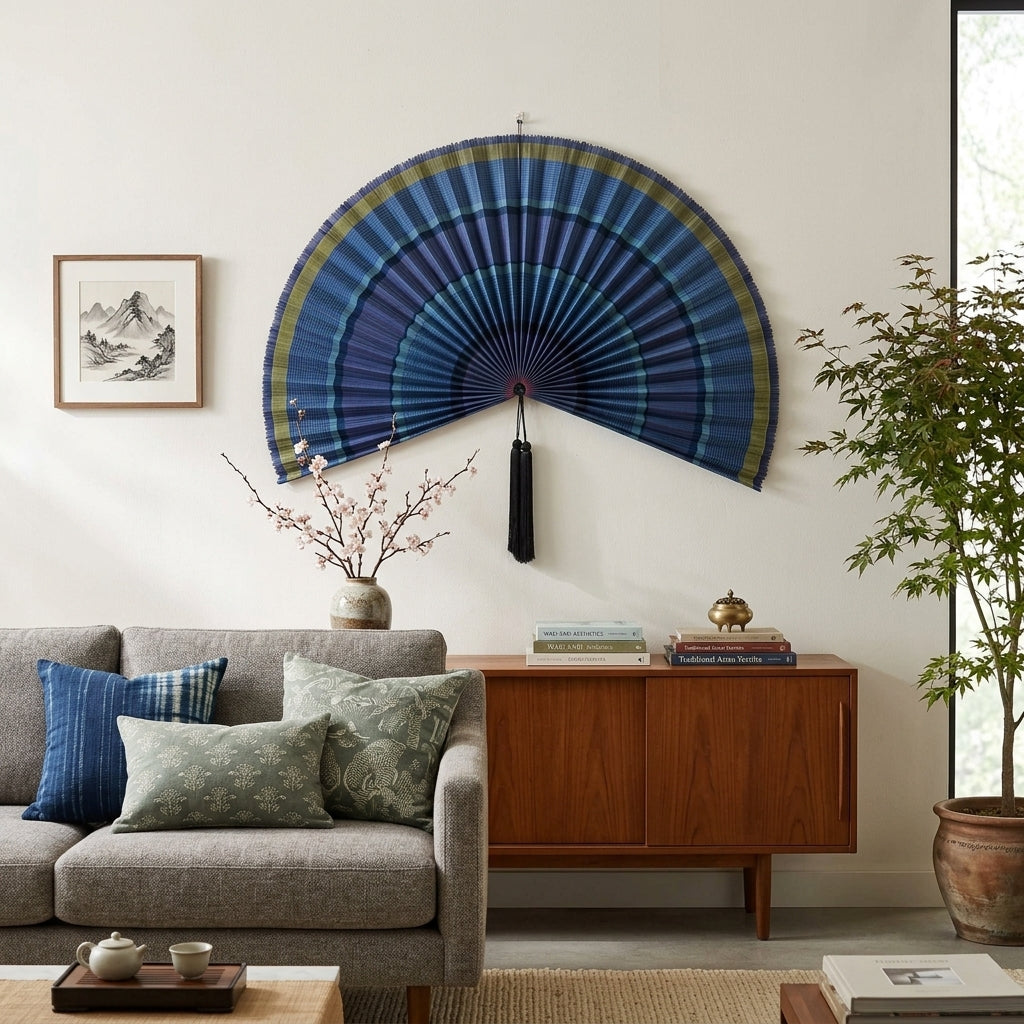 Ocean Blue Bamboo Wall Fan - Large Boho Wall Art