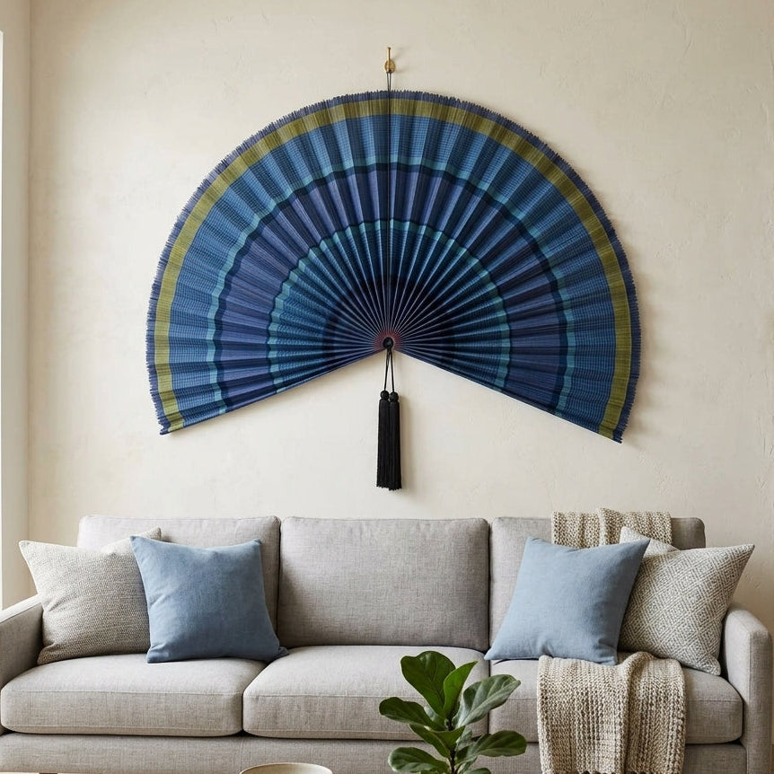 Ocean Blue Bamboo Wall Fan - Large Boho Wall Art