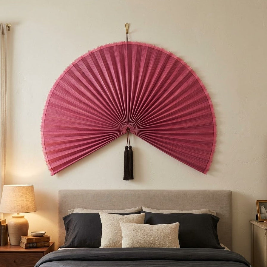 Large Bamboo Wall Fan – Dusty Rose Headboard Decor, Boho Japandi
