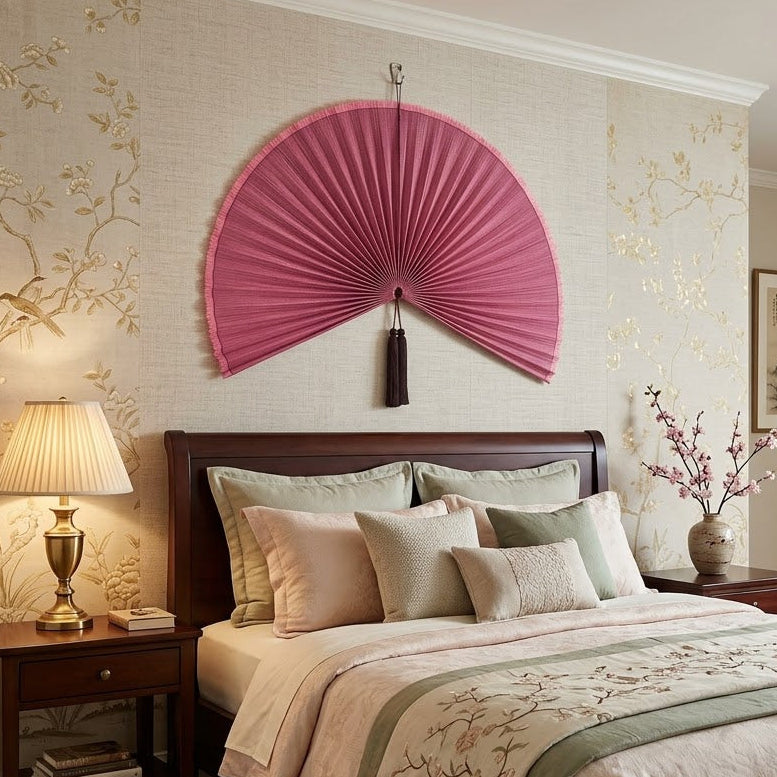 Large Bamboo Wall Fan – Dusty Rose Headboard Decor, Boho Japandi