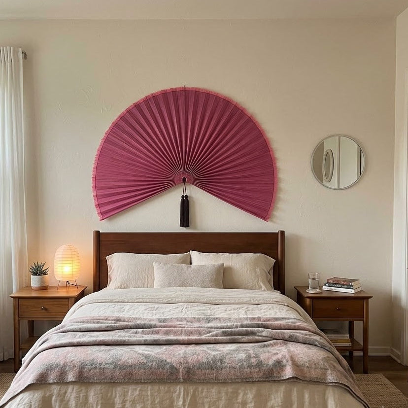 Large Bamboo Wall Fan – Dusty Rose Headboard Decor, Boho Japandi