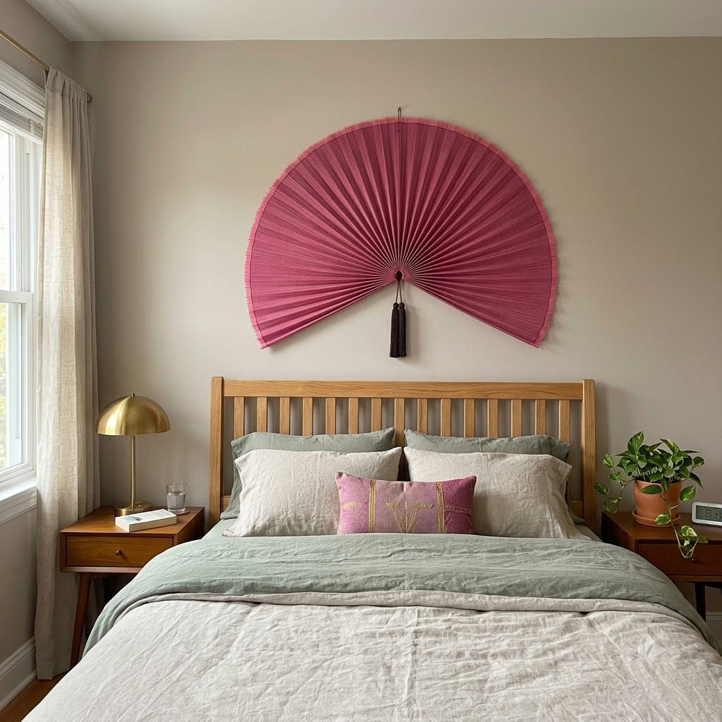 Large Bamboo Wall Fan – Dusty Rose Headboard Decor, Boho Japandi