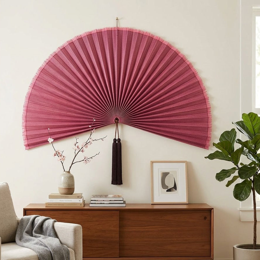 Large Bamboo Wall Fan – Dusty Rose Headboard Decor, Boho Japandi