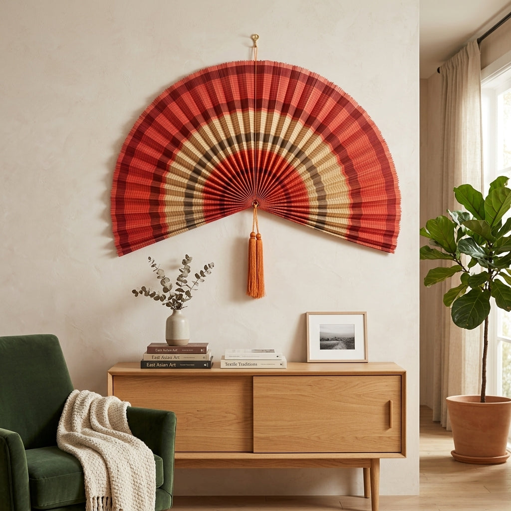 Terracotta Bamboo Wall Fan Decor | Large Boho Wall Art for Bedroom & Living Room