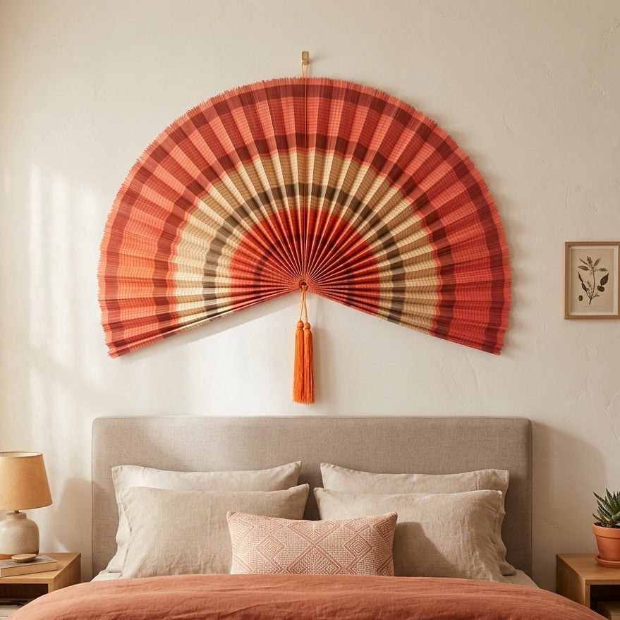 Terracotta Bamboo Wall Fan Decor | Large Boho Wall Art for Bedroom & Living Room