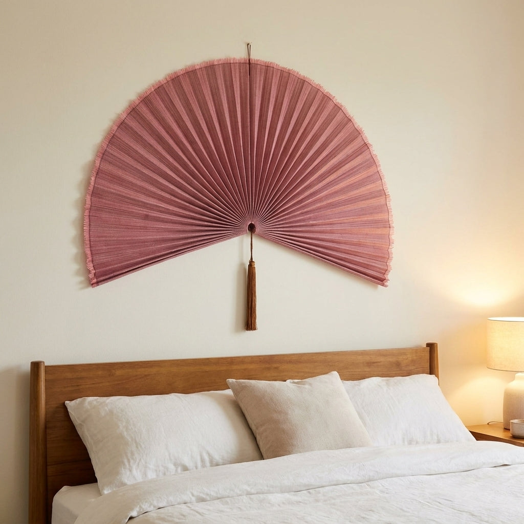 Large Bamboo Wall Fan – Dusty Rose Headboard Decor, Boho Japandi