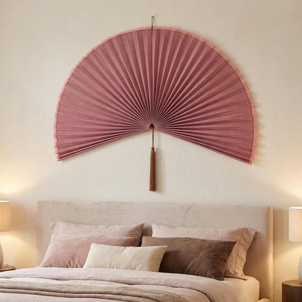 Large Bamboo Wall Fan – Dusty Rose Headboard Decor, Boho Japandi