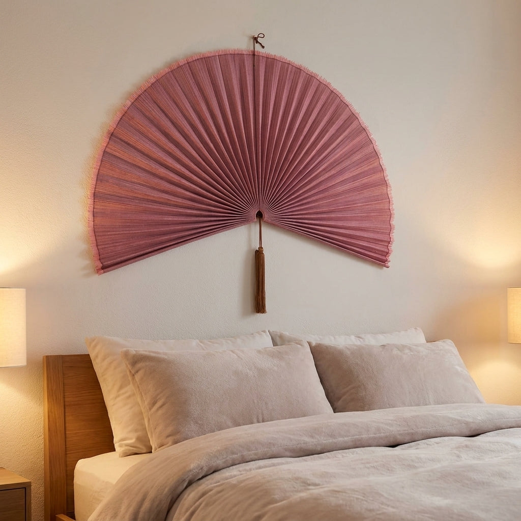 Large Bamboo Wall Fan – Dusty Rose Headboard Decor, Boho Japandi