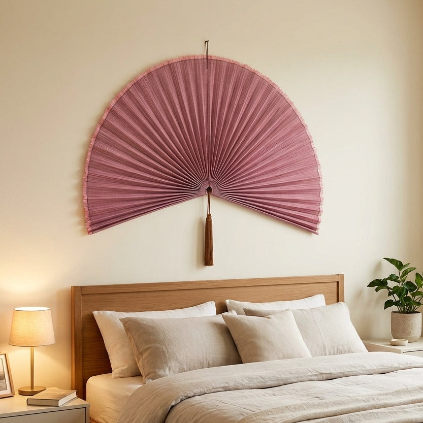 Dusty Rose Boho Wall Fan, Large Fan Headboard Decor, Bedroom Gift for Her