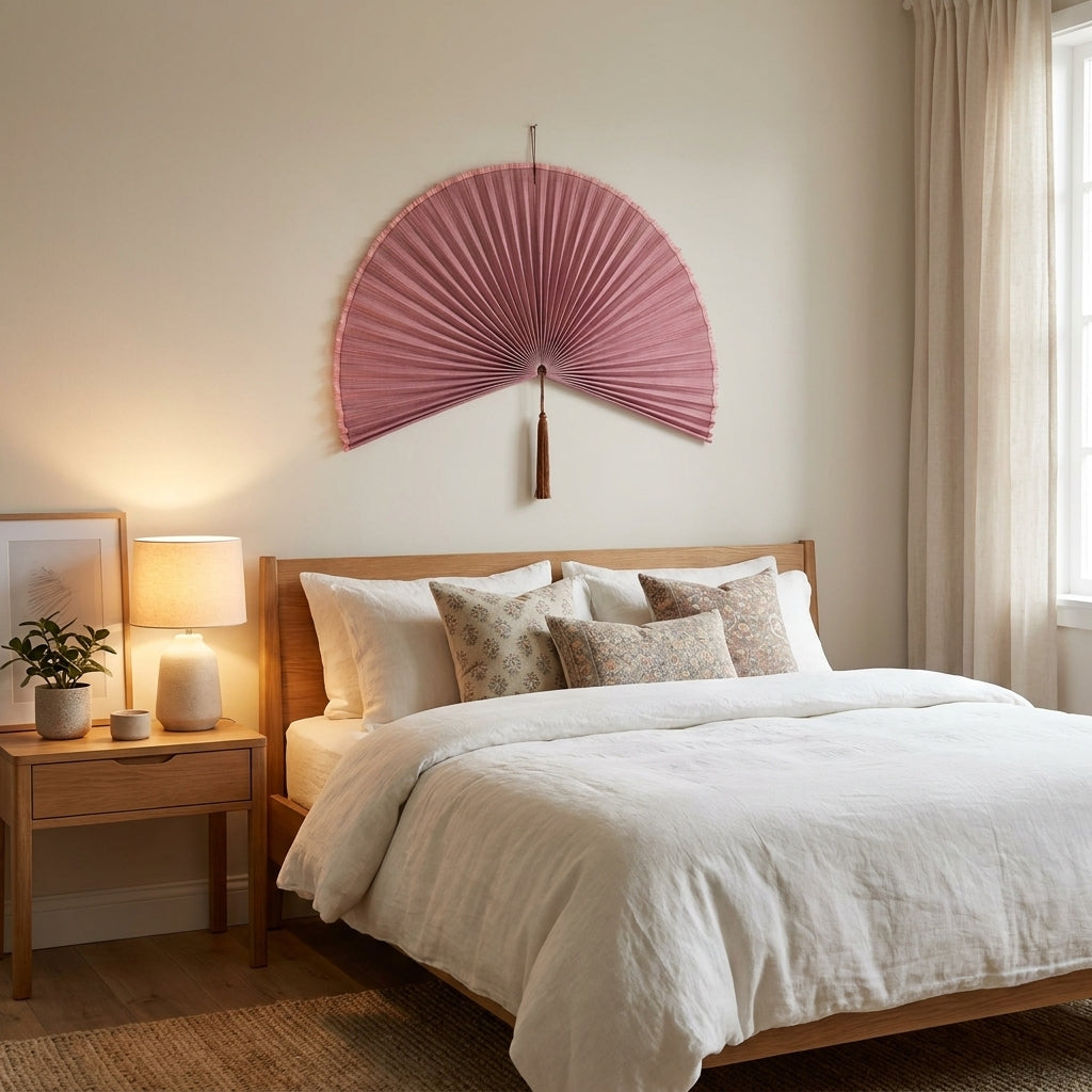 Dusty Rose Boho Wall Fan, Large Fan Headboard Decor, Bedroom Gift for Her