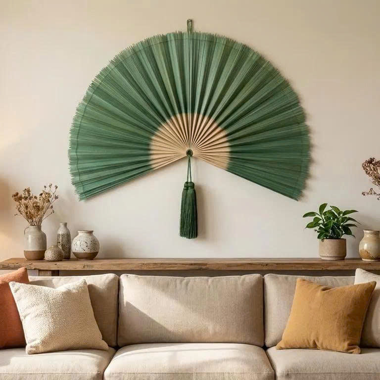 Artisan Green Bamboo Wall Fan – Large Boho Statement Art