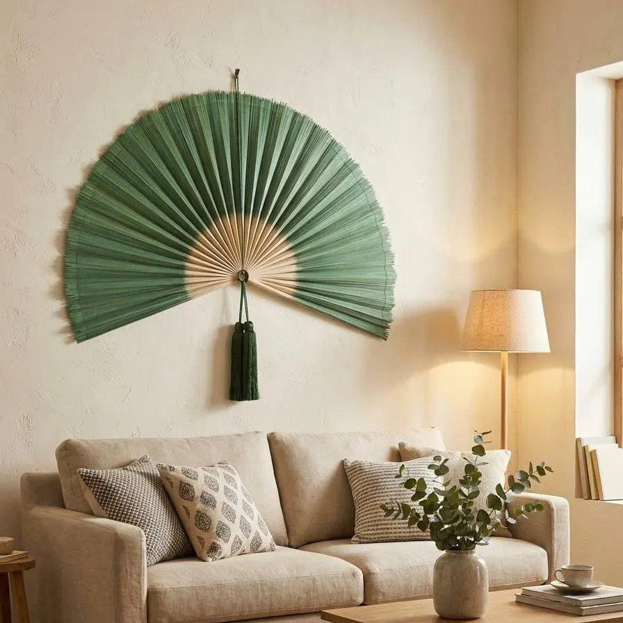 Artisan Green Bamboo Wall Fan – Large Boho Statement Art