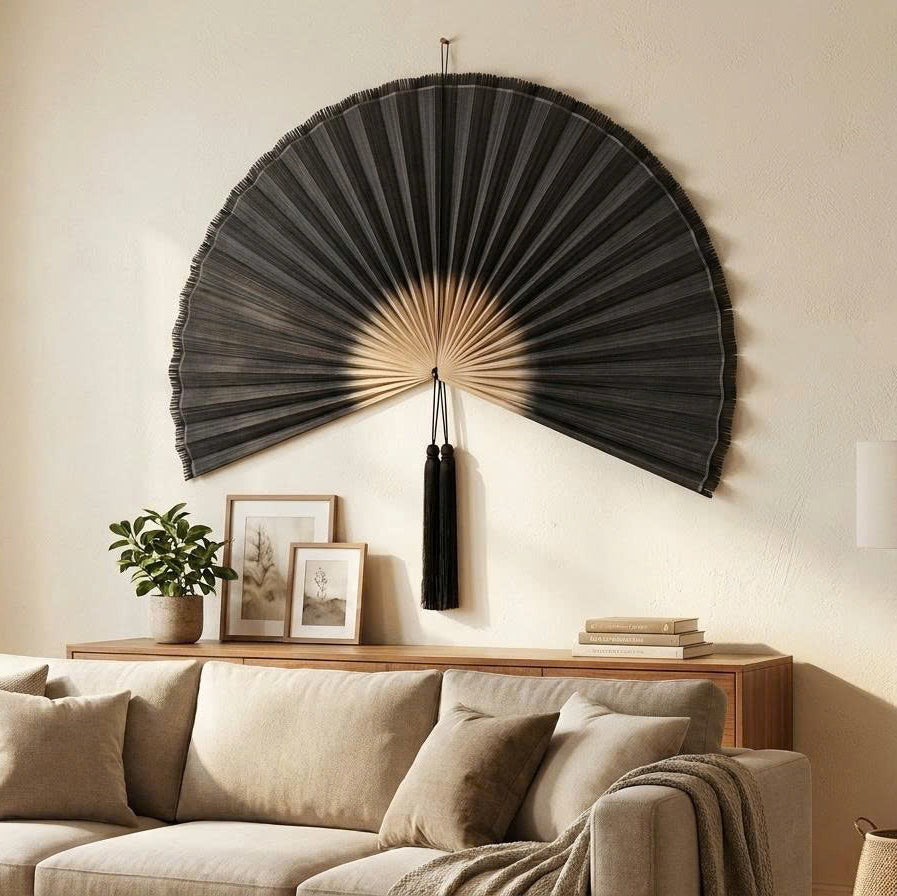 Black Bamboo Wall Fan Decor | Oversized Boho Statement Wall Hanging