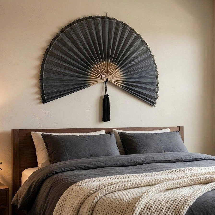 Black Bamboo Wall Fan Decor | Oversized Boho Statement Wall Hanging