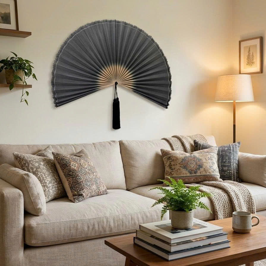 Black Bamboo Wall Fan Decor | Oversized Boho Statement Wall Hanging