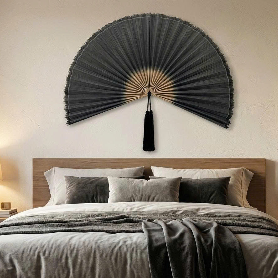 Black Bamboo Wall Fan Decor | Oversized Boho Statement Wall Hanging