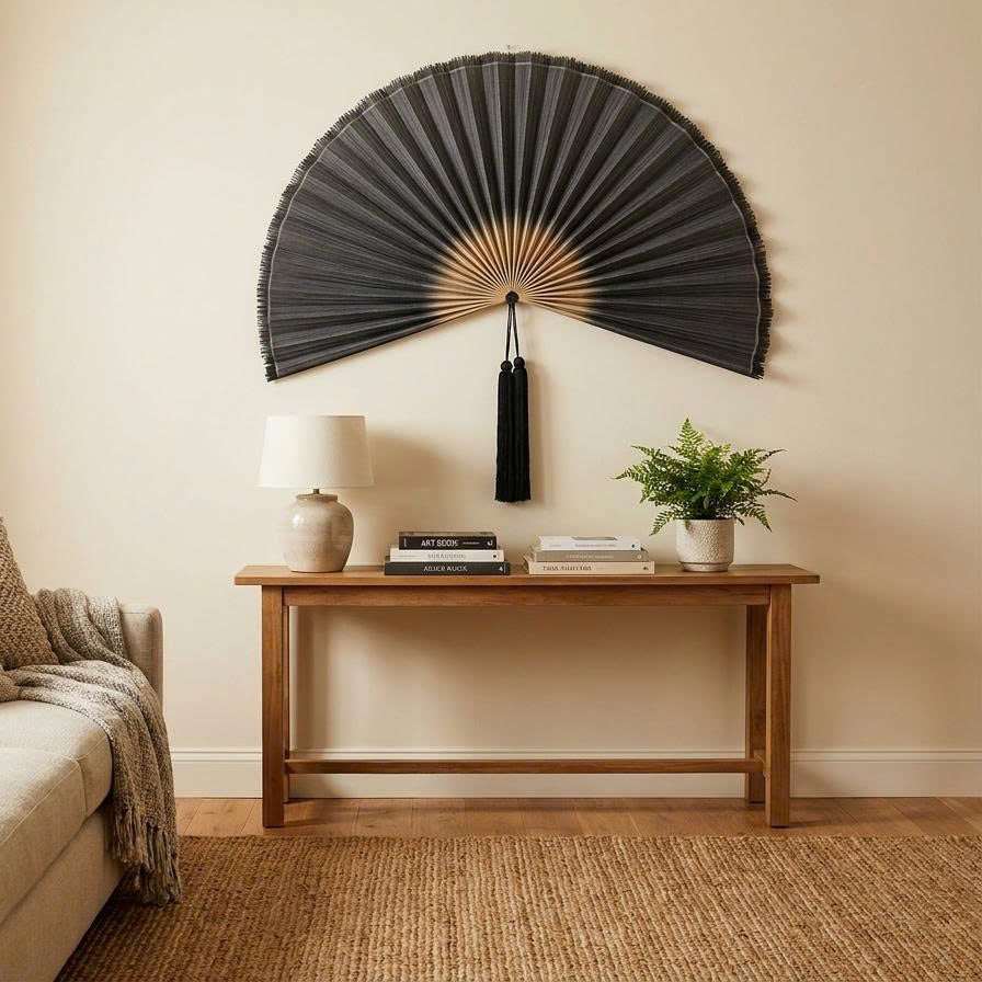 Black Bamboo Wall Fan Decor | Oversized Boho Statement Wall Hanging