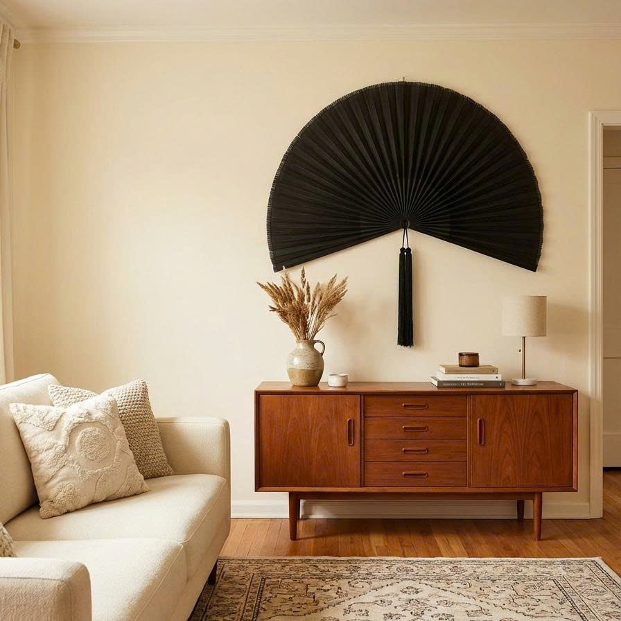 Black Bamboo Wall Fan Decor | Oversized Boho Statement Wall Hanging