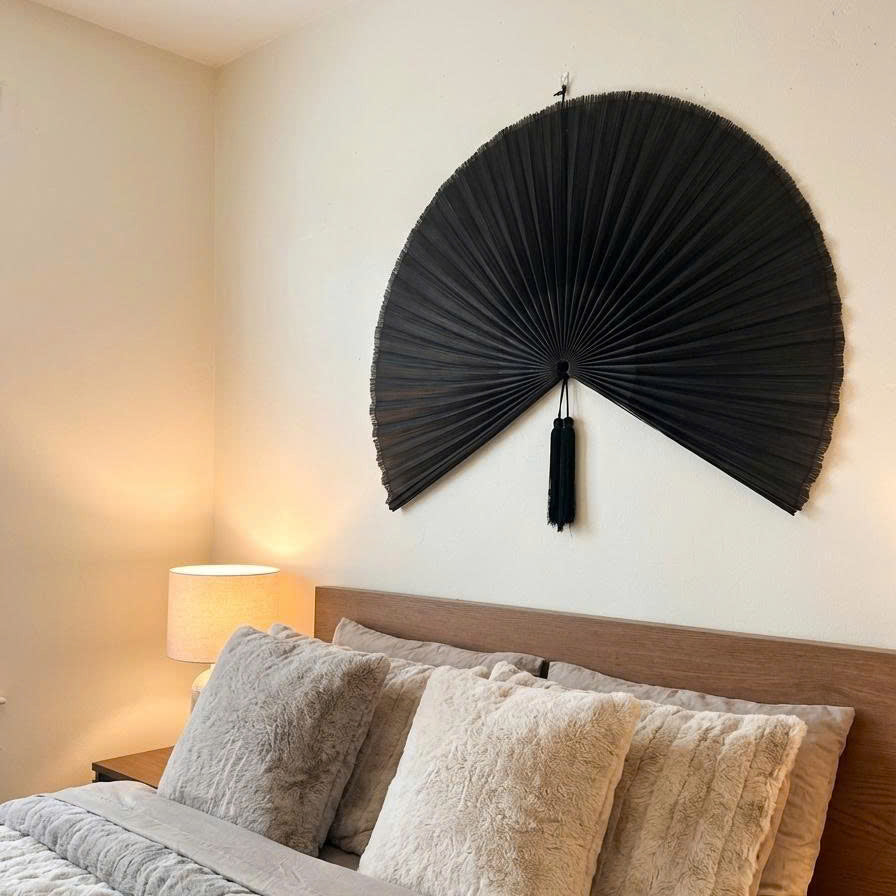 Black Bamboo Wall Fan Decor | Oversized Boho Statement Wall Hanging
