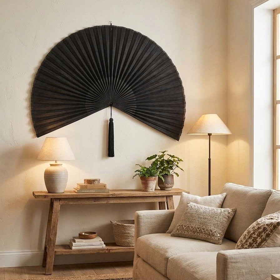 Black Bamboo Wall Fan Decor | Oversized Boho Statement Wall Hanging